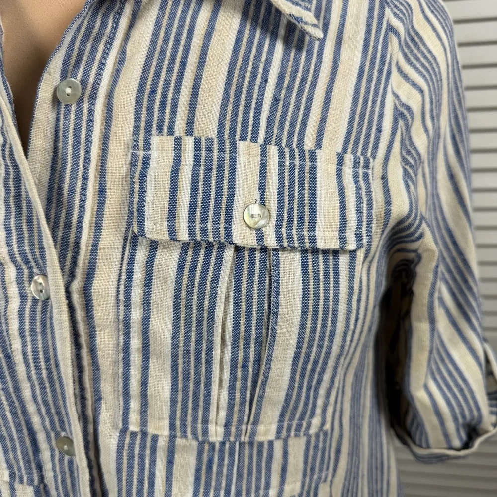 Heroes & Dreamers Striped Linen Blend Shirt Dress | Blue & Cream | Size S